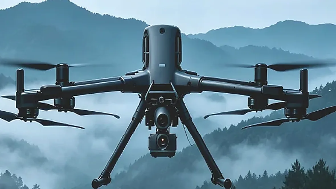 Multirotor drone with EO/IR gimbal flying over a misty mountain valley on a night search mission